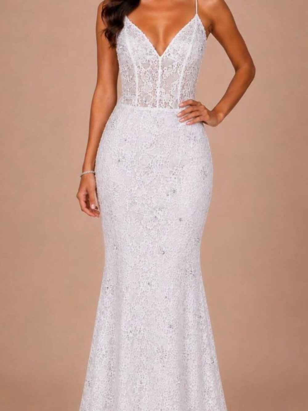 New With Tags - Sophia Thomas White Lace & Rhinestone dress with Sweep Train